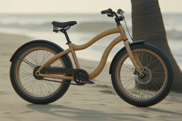 Beach cruiser bike on sandy shore, ocean background, sunset; leisure activity