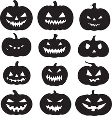 Black Silhouette Halloween Pumpkins Collection, Spooky Jack O Lanterns, Vector Art