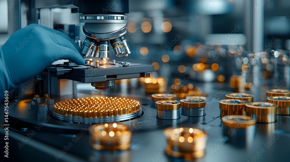 Poster a laboratory technician meticulously examines intricate electronic components and circuits using a h