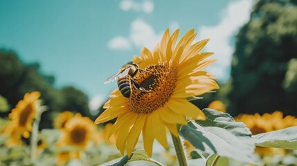 Bee pollinating sunflower in sunny field, summer day.  Nature background for eco-friendly design