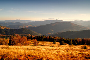 Picturesque meadow Stumorgowa, Beskids, Poland. View of the Tatra Mountains. Autumn landscape of the Polish mountains.