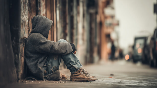 Person crouched by wall wearing a hoodie. Weathered clothes, boots, and visible distress reflect a difficult situation.