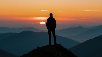 Sunset landscape with silhouette of man on mountain peak
