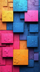 Abstract 3D wall with glossy textured squares and rectangles in bright pastel colors. A modern geometric banner background symbolizing creativity, playfulness, and decorative visual rhythm.

