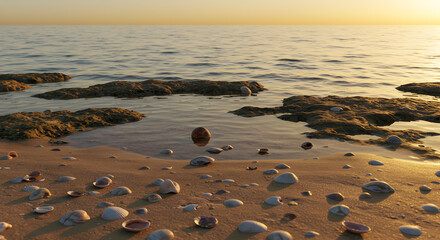 Seashells on Beach at Sunset Calm Water and Rocks