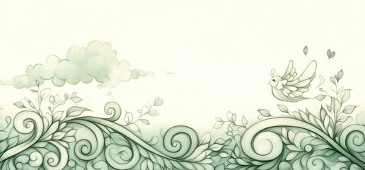 Bird flying over whimsical green foliage, cloudy sky background; ideal for children's book