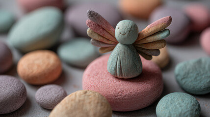 Pastel-colored angel figure perched on a stone amidst a collection of smooth, rounded stones in various muted hues. 