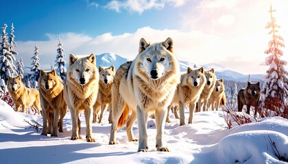 Naklejka premium Arctic wolf wallpaper, snowy landscape, daylight