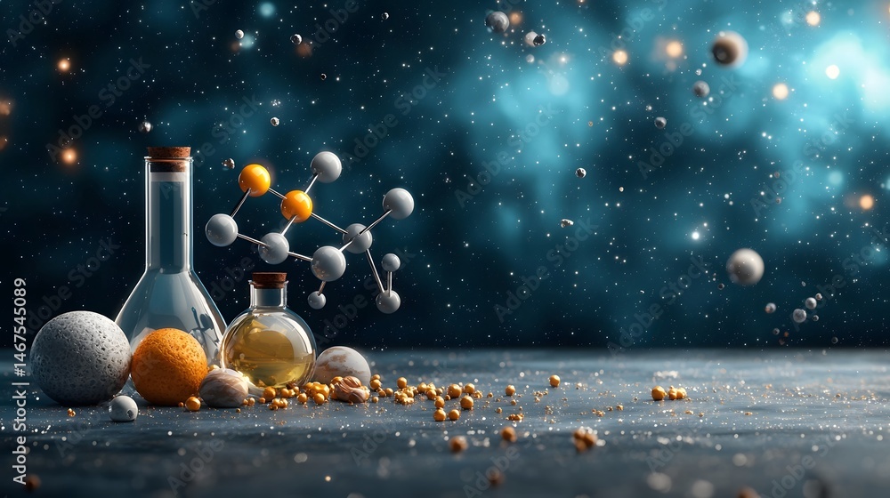 Poster intricate glassware and spherical molecular structures float in a darkened ethereal space filled wit