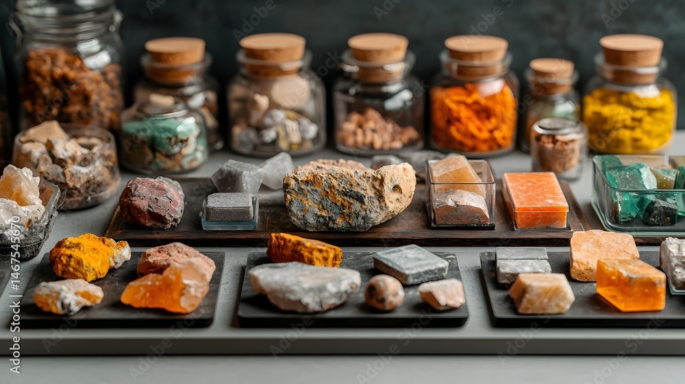Poster a diverse array of natural mineral specimens including crystals rocks and gems arranged and displaye