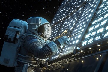 Astronaut deploying space solar farm glow