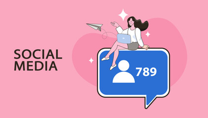 Woman with megaphone on screen. social media or network promotion. influencer marketing concept - blogger promotion services and goods for his followers online. Flat vector outline illustration.