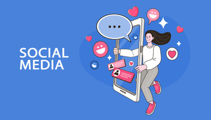 Social media concept. A happy woman steps out of a mobile phone, ready to interact with her online community. Likes, hearts, and chat bubbles symbolize positive digital engagement and connection.
