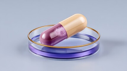 A capsule shaped medication or supplement floating above a reflective purple surface with maroon and beige tones in the capsule