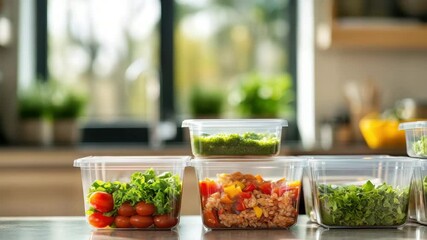 Colorful containers filled with veggies and grains show meal prep ideas in a bright kitchen