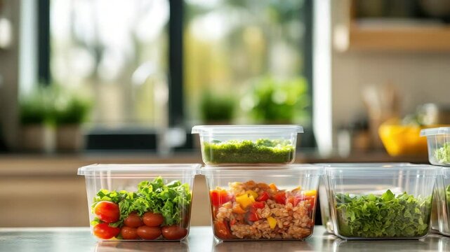 Colorful containers filled with veggies and grains show meal prep ideas in a bright kitchen