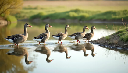 Group of ducks walking near a pond with reflections in water in a rural natural setting.