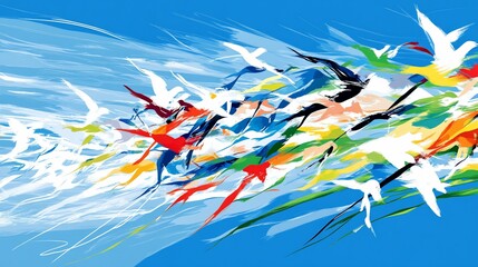 Colorful Avian Abstraction: A Dynamic Flight of Birds in Artistic Expression