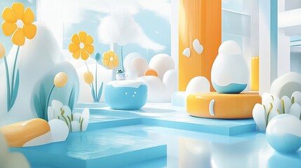 Serene Abstract Landscape with Cloud Structures and Vibrant Floral Accents