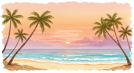 Tropical Beach Sunset Panorama Clipart - Serene sunset over a tropical beach, palm trees silhouetted against the vibrant sky, tranquil ocean waves, golden sand