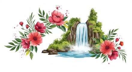 Obraz premium Watercolor Waterfall Serenity with Floral Frame - Lush tropical flowers frame a serene waterfall cascading into a tranquil pool. Perfect for relaxation, nature, and travel themes