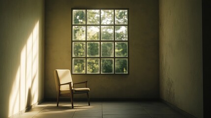 Sunlit Tranquility: A Vintage Chair by the Window in an Empty Room