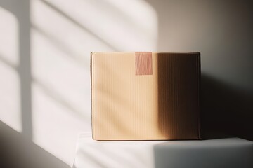 A light-brown cardboard box sits on a white surface, bathed in sunlight filtering through a window.  Shadows create interesting patterns