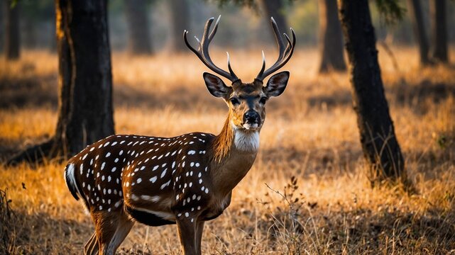 Chital or cheetal deer (Axis axis), also known as spotted deer or axis deer in the Bandhavgarh National Park, Madhya Pradesh, India.