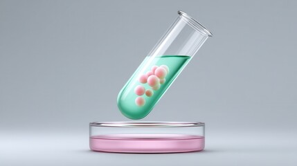 A transparent test tube containing a luminous green liquid appears to be suspended above a pink petri dish creating a visually striking and scientific looking scene