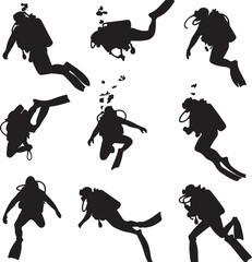Silhouette Scuba Divers Underwater: Black and White Illustration of Aquatic Exploration