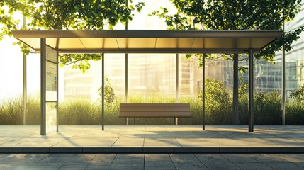 Fototapeta premium A modern bus stop with a glass canopy and wooden bench, surrounded by greenery and a cityscape in the background.