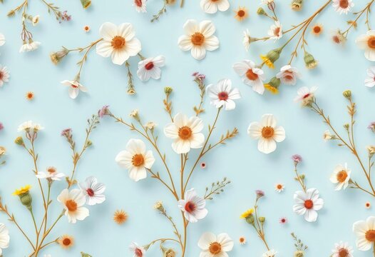 Light blue seamless pattern featuring delicate herbs and flowers; romantic floral background ideal for fabric, light blue, pattern design