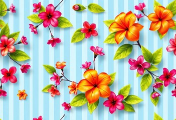 Light blue striped background with vibrant blooming flowers and lush leaves, seamless repeat, repeat, trend