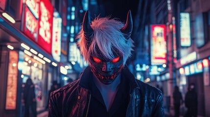 Mysterious figure in a dark alley with neon lights glowing