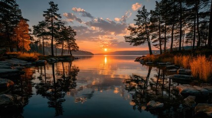 Fototapeta premium Tranquil sunset over lake reflections nature scene serene environment peaceful landscape