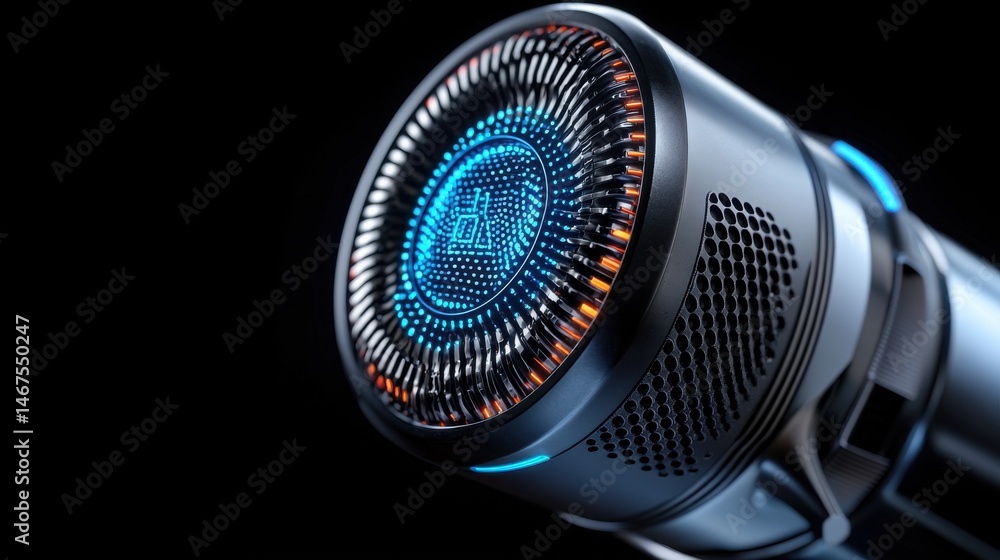 Poster a close up of a microphone with a blue and orange design