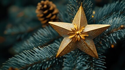 Golden star ornament on Christmas tree