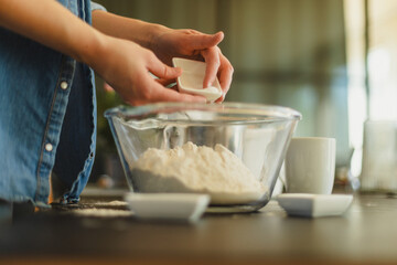Cooking homemade pizza. Female hands making dough, adding sauce and ingredients.