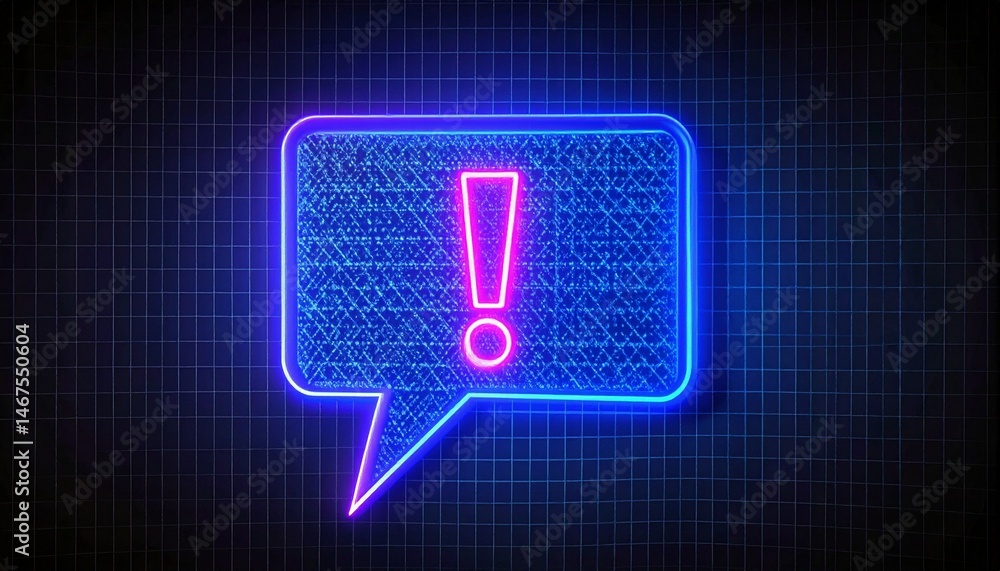 Poster exclamation mark command excitement concept. neon speech bubble with exclamation mark on a textured 