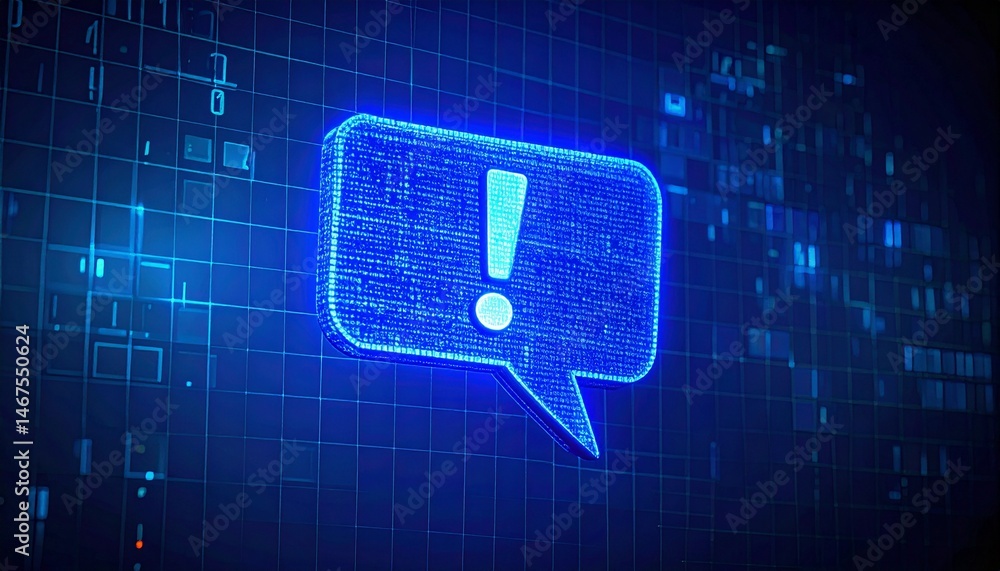 Poster exclamation mark command excitement concept. digital notification symbol with a blue grid background