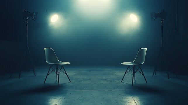 Two Chairs in a Dark Room Under Bright Lights: Ready for Conversation