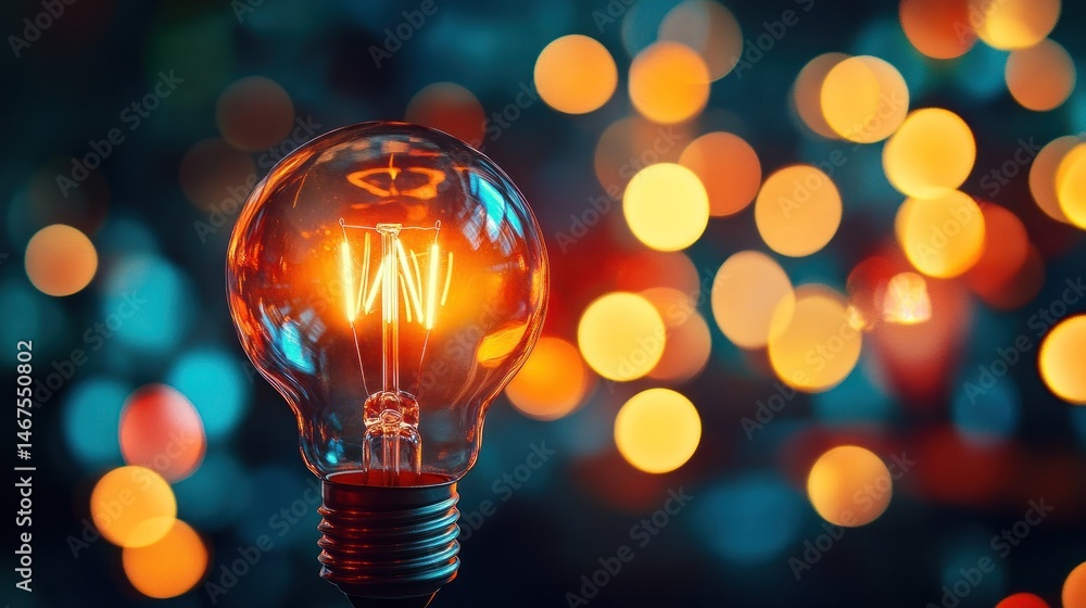 Poster glowing light bulb surrounded by colorful bokeh background