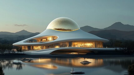 Futuristic Architectural Marvel with Golden Dome Reflecting on Tranquil Lake