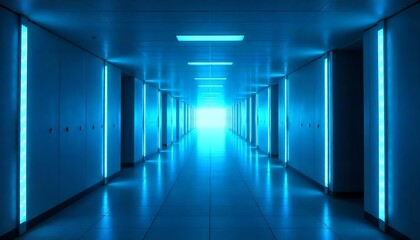 Fototapeta premium A futuristic corridor with glowing blue neon lights lining the walls, illuminated corridor with blue neon lights creating futuristic atmosphere in an abstract urban setting, created with generative ai