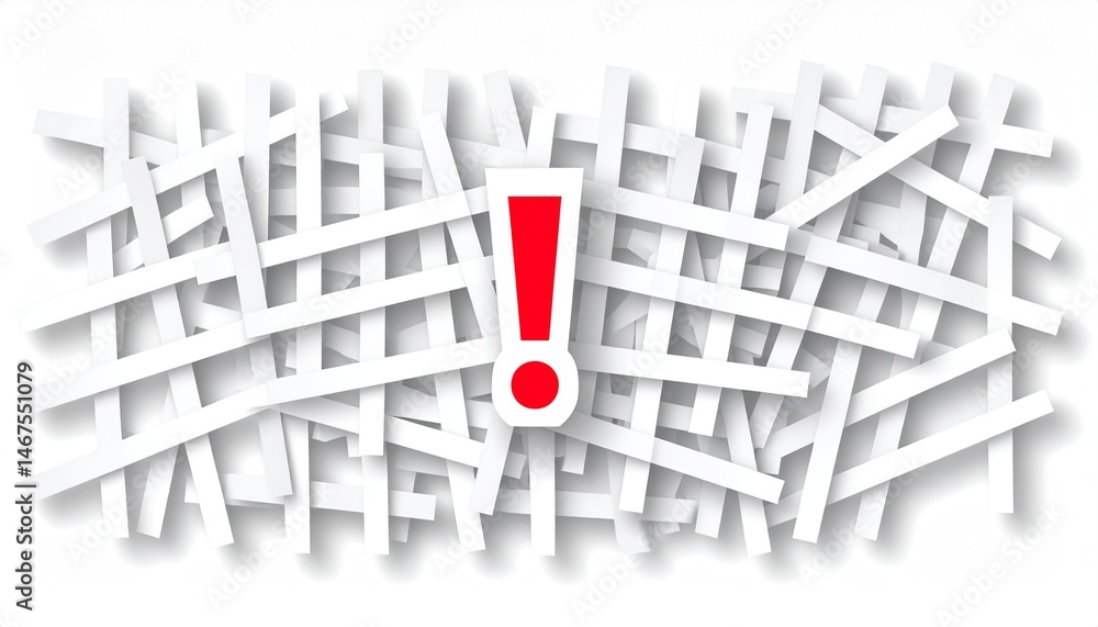Poster exclamation mark command excitement concept. cluttered background with a bold exclamation mark in th