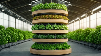 Modern vertical hydroponic farm structure with stacked circular planters full of lush green plants inside a spacious greenhouse for sustainable agriculture
