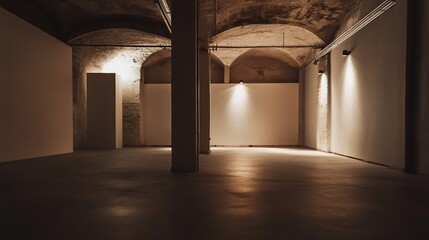 Spacious industrial interior with exposed brick arches and modern lighting