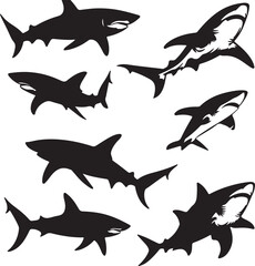 Black Shark Silhouettes: Vector Illustrations of Marine Predators in Various Poses