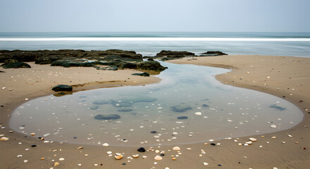 Seascape with Still Pool on Sandy Beach and Distant Ocean