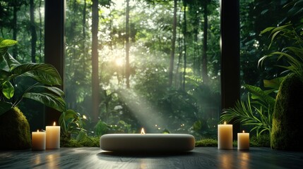 A serene and peaceful scene with a small stone bowl, candles